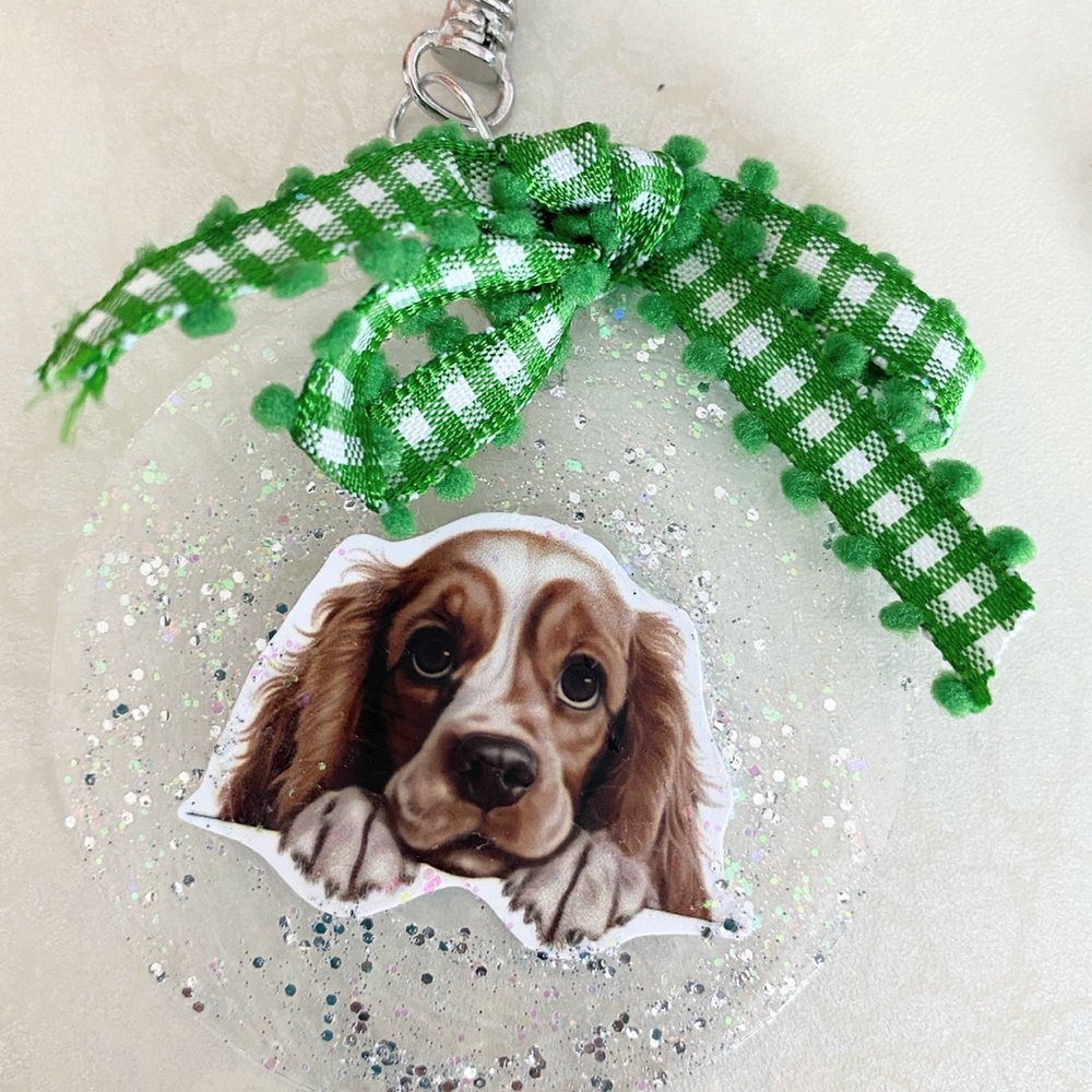 Green Bow Cocker Spaniel Dog Ornament or purse charm